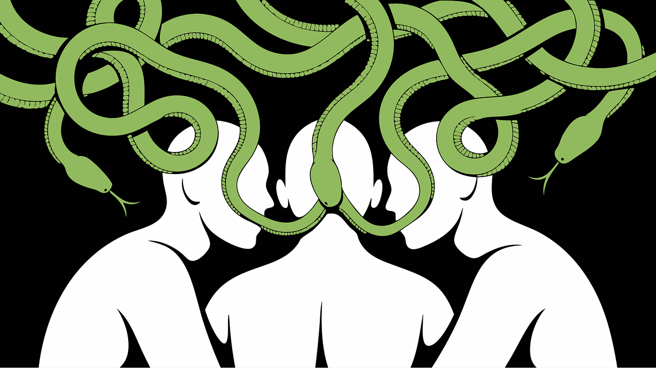 Misundelse og jalousi symboliseret ved silhuet af tre personers overkrop i hvid. Grønne slanger imellem dem og over dem. Sort baggrund.