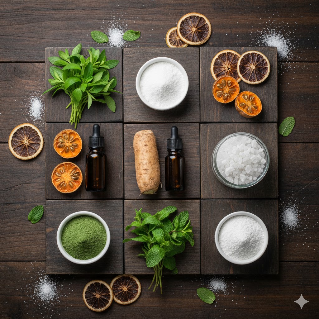 Naturlige sødemidler symboliseret ved forskellige frugter og grøntsager og urter, samt pulver i små skåle. Det helt på et træbord.