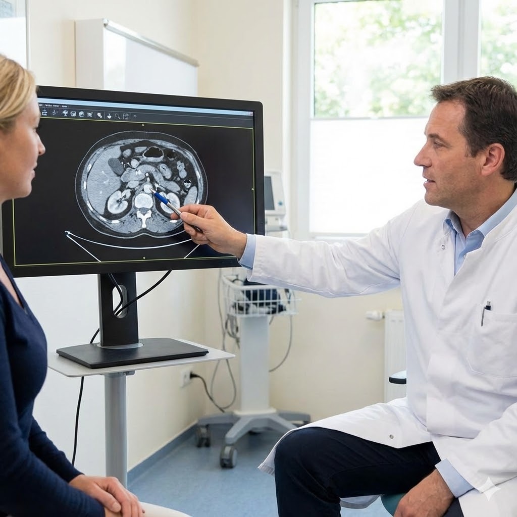 Nyrebækken- og Urinlederkræft symboliseret ved en læge i hvid kittel og en patient der kigger på en skærm med en scanning.