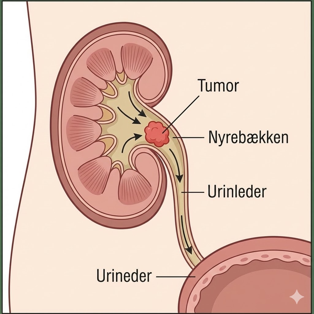 Nyrebækken- og Urinlederkræft symboliseret ved planche med tegning af nyre med tumor.