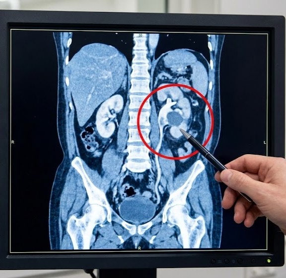 Nyrebækken- og Urinlederkræft symboliseret ved scanningsbillede af mave og underliv. hvor der peges på et område der er kranset ind i rødt.