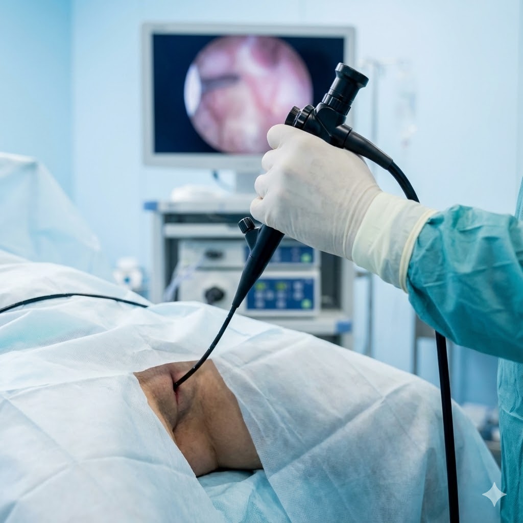 Nyrebækken- og Urinlederkræft symboliseret ved en operationsstue og en læge der holder et laparoskopisk i patientens mave.