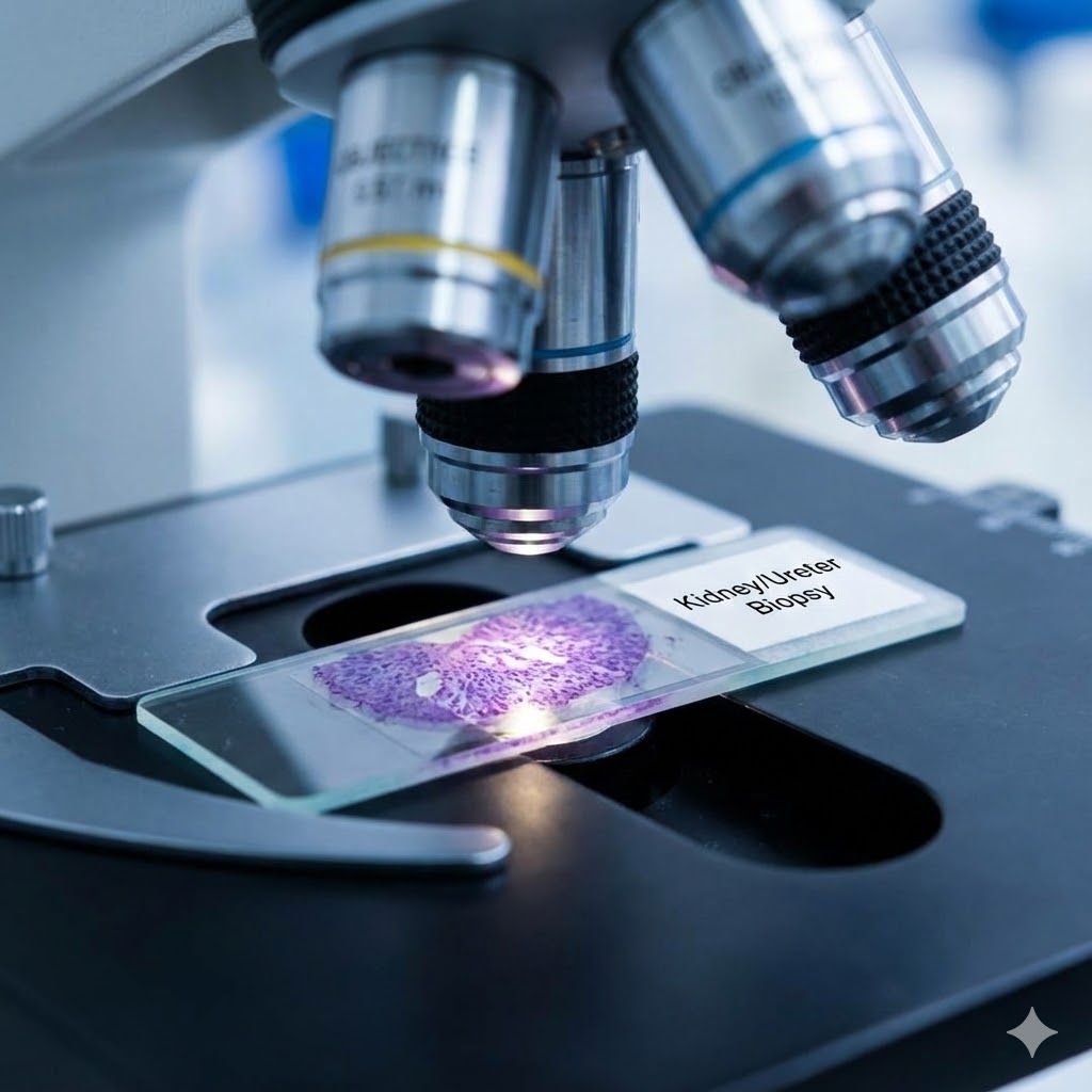 Nyrebækken- og Urinlederkræft symboliseret ved et mikroskop og en celleprøve i dette.
