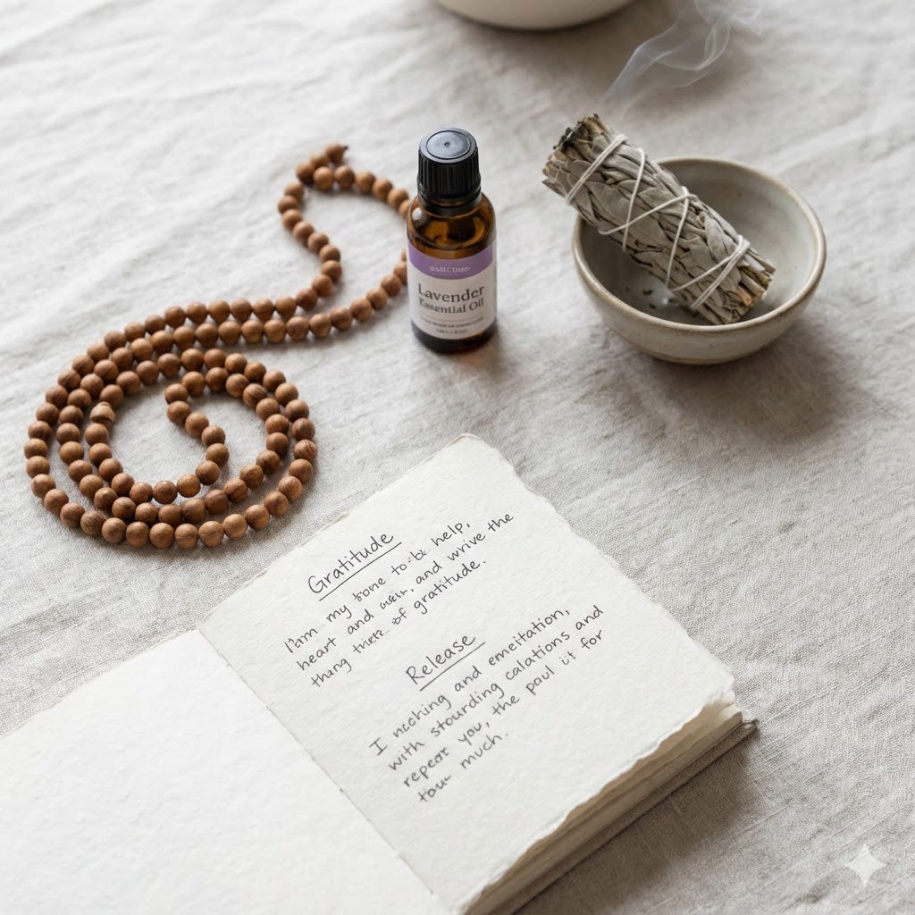 Pete Sulacks protokol symboliseret ved en notesbog, en mala (bedekrans) en lille flaske aroma.