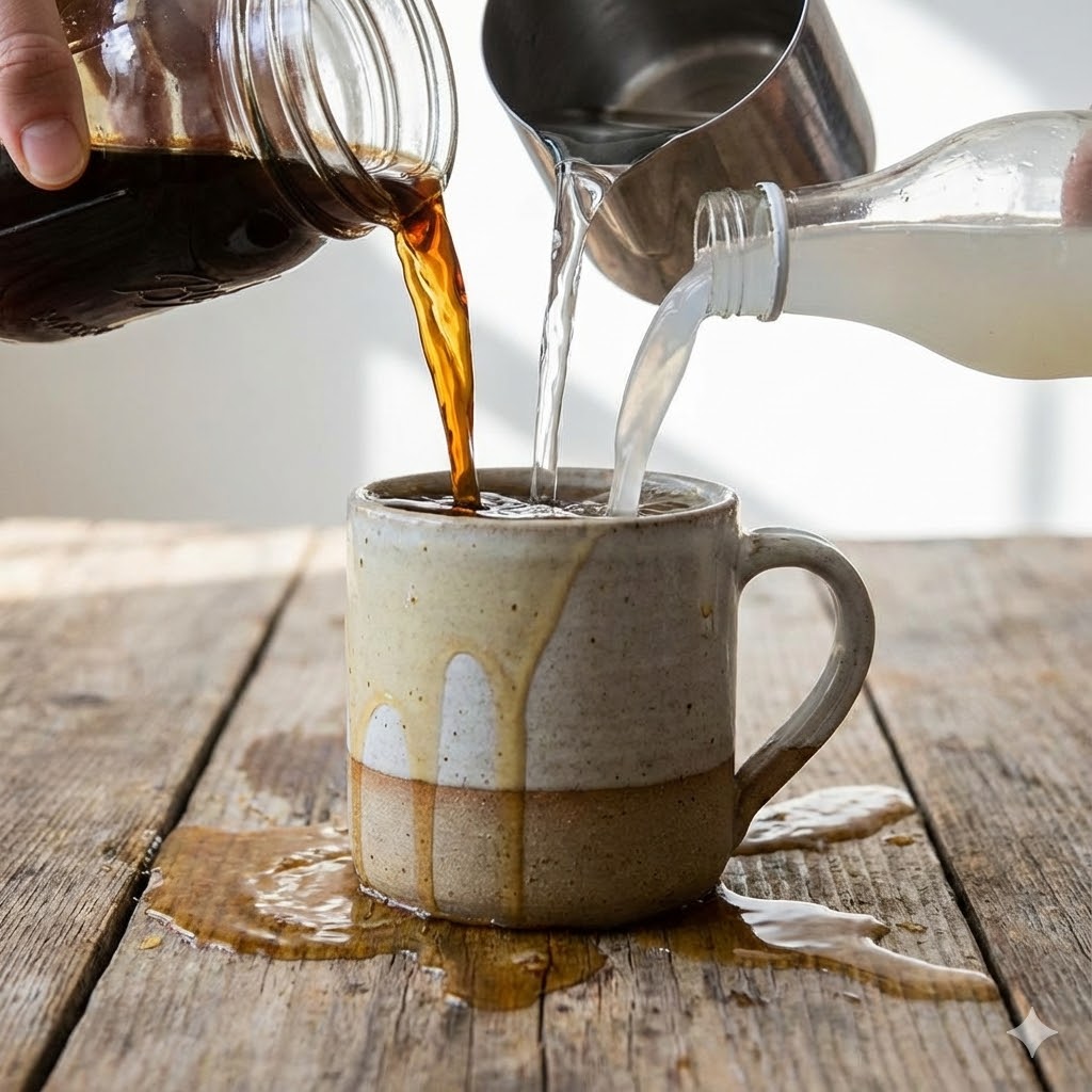 Pete Sulacks protokol symboliseret ved sammenhældning af kaffe, mælk og vand i et krus, hvor det løber over.