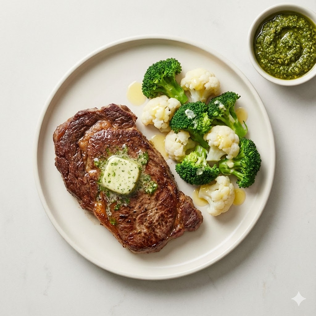 Pete Sulacks protokol symboliseret ved en bøf med smør og nogle buketter af broccoli og blomkål. Ved siden af en lille skål med pesto.