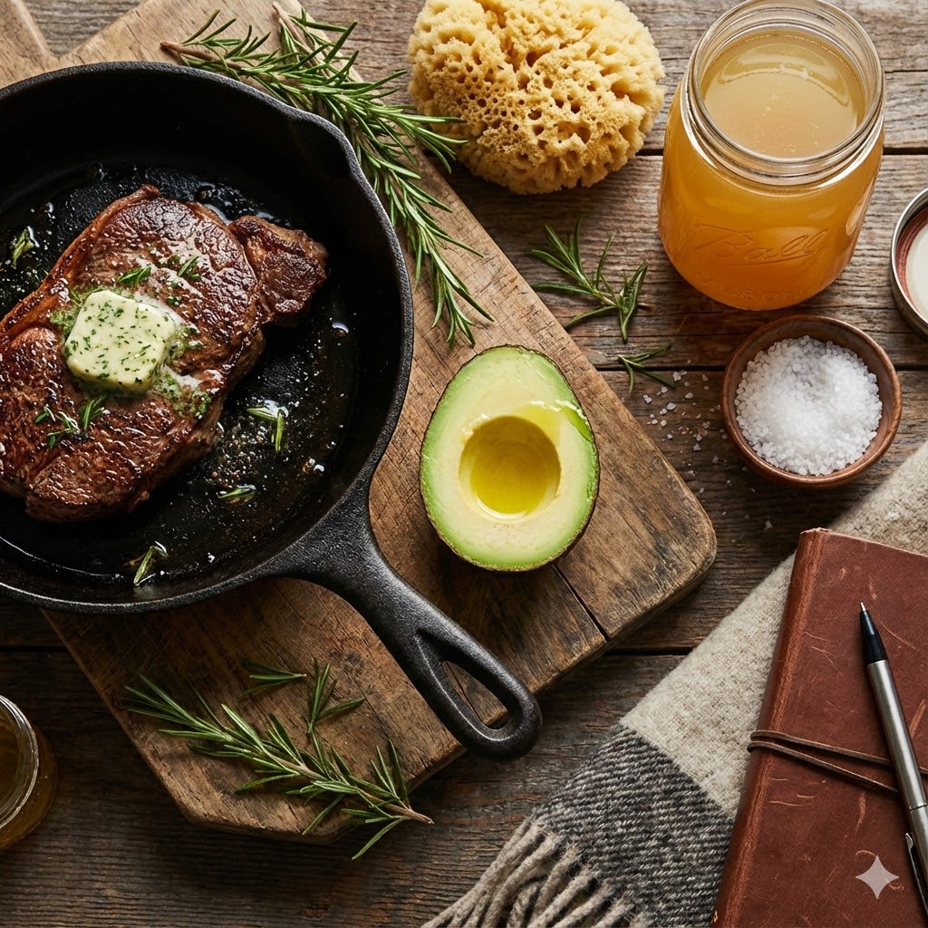 Pete Sulacks protokol symboliseret ved stegepande med bøf med en smørklat, ½ avocado, et glas saft, salt, en plaid og en bog til notater.