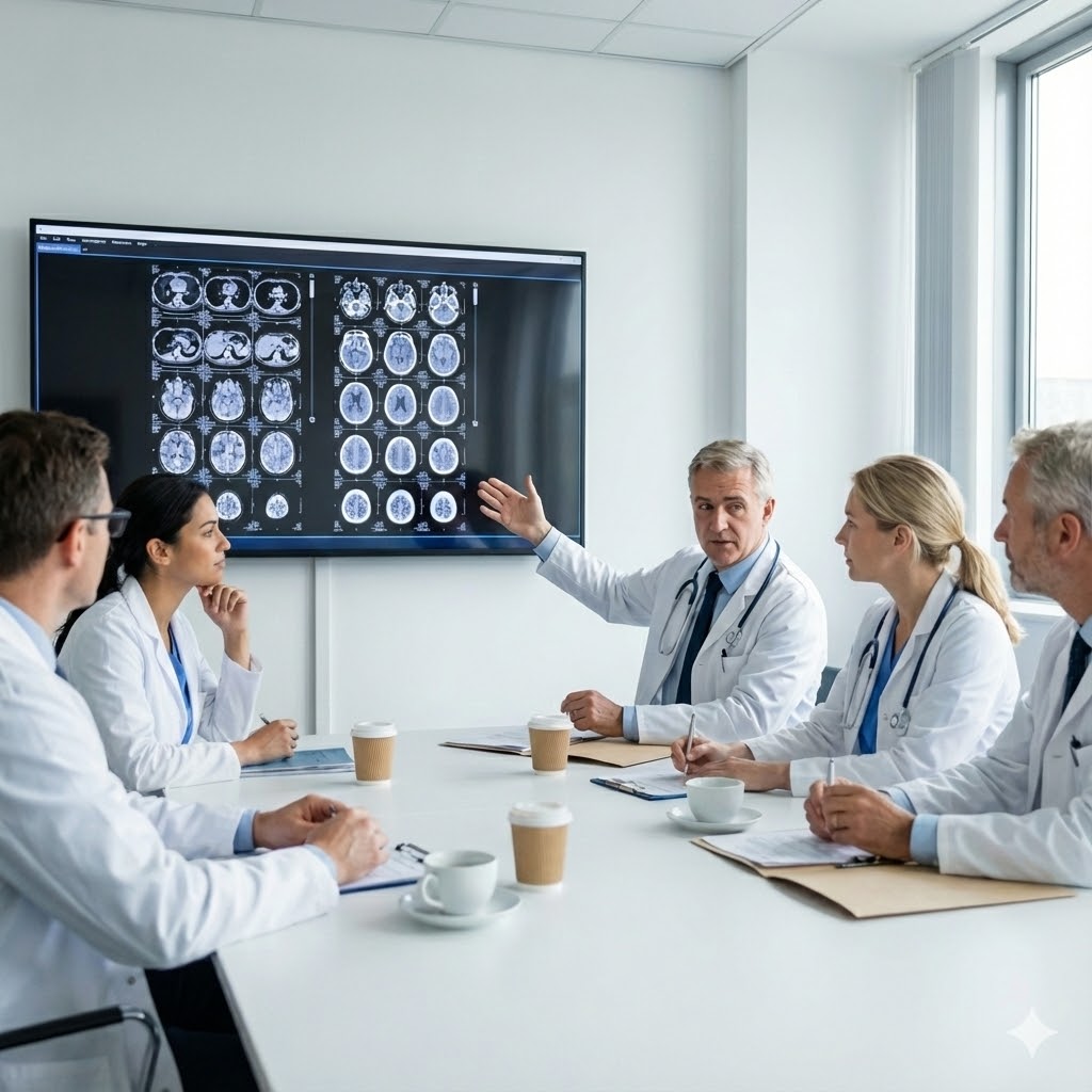 Sarkom symboliseret ved nogle læger der sidder omkring et bord og drøfter scanningsbilleder på en skærm.