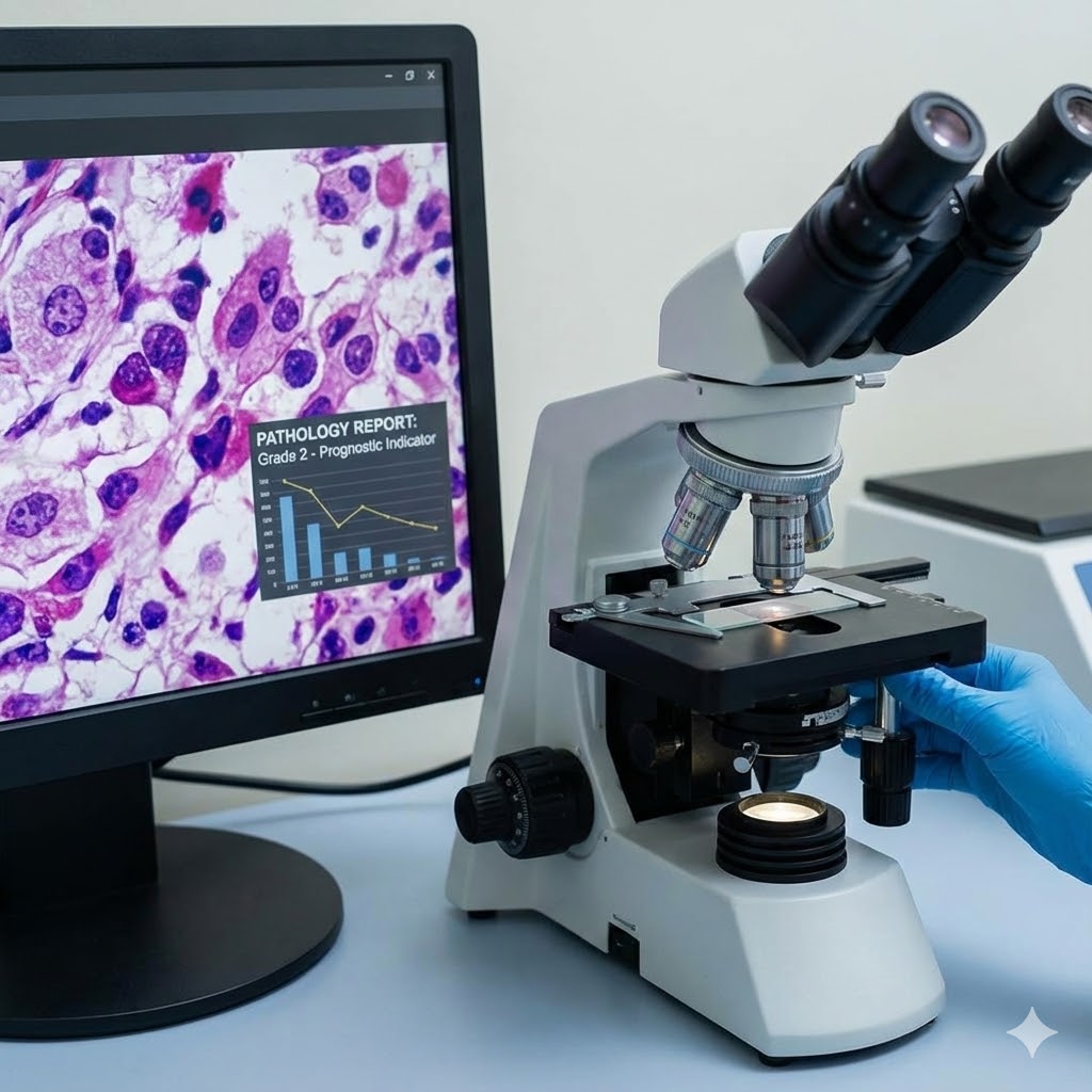 Sarkom symboliseret ved en skærm med lillafarvede celler og et mikroskop ved siden af.