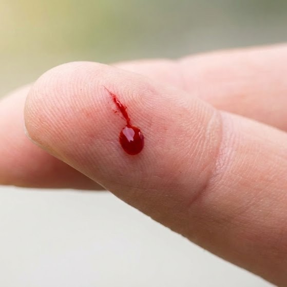 Stofskifte og koagulation symboliseret ved en finger med en bloddråbe løbende ned fra yderste led.