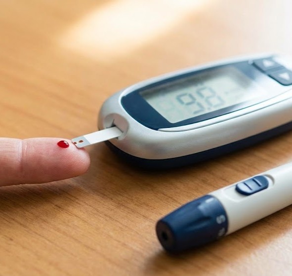Stofskifte og koagulation symboliseret ved en bloddråbe på en finger og en blodsukkermåler der ligger på et bord.