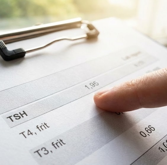 Stofskifte og koagulation symboliseret ved en blok med blodprøvesvar på stofskifteprøver og en finger der peget på en T4-værdi.