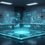 Thymusekstrakt symboliseret ved et laboratorieagtigt miljø, med flere store lysende skærme og et lysbord i midten. Mørk baggrund.