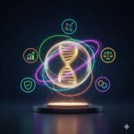 Thymusekstrakt symboliseret ved en mørk baggrund hvor der i midten er et stykke af en dna-streng. Omkring denne nogle cirkler med forskellige symboler.