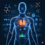 Thymusekstrakt symboliseret ved silhuet af et menneske med angivelse af brislens placering og tegn, molekyler og celler vist i blå og rosa farver omkring dette.