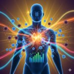 Thymusekstrakt symboliseret ved et menneskefigur med bølgede streger igennem brislen i forskellige farver.