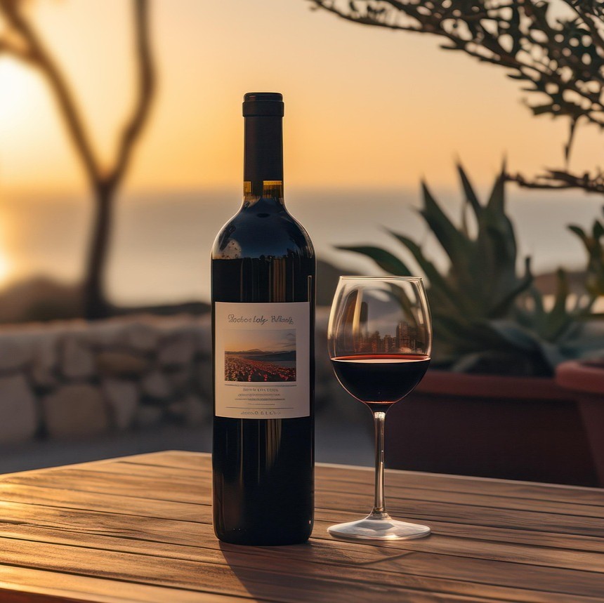 Hvad med alkohol symboliseret ved en flaske rødvin og et glas med rolig og eksotisk baggrund.