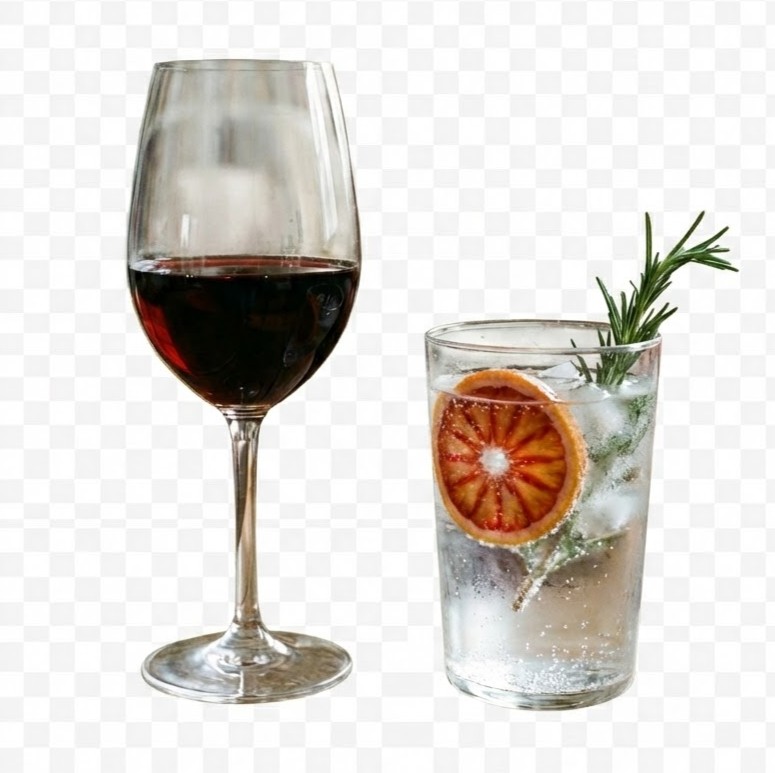 Hvad med alkohol symboliseret ved et glas med rødvin og et gla vand med en skive blodappelsin og en stilk rosmarin.