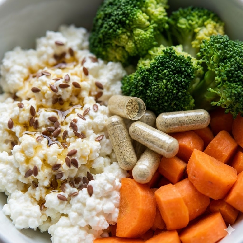 Bill Henderson Protokol symboliseret ved hytteost med kommenfrø over, gulerødder i stykker, broccoli og nogle beige pille-kapsler.