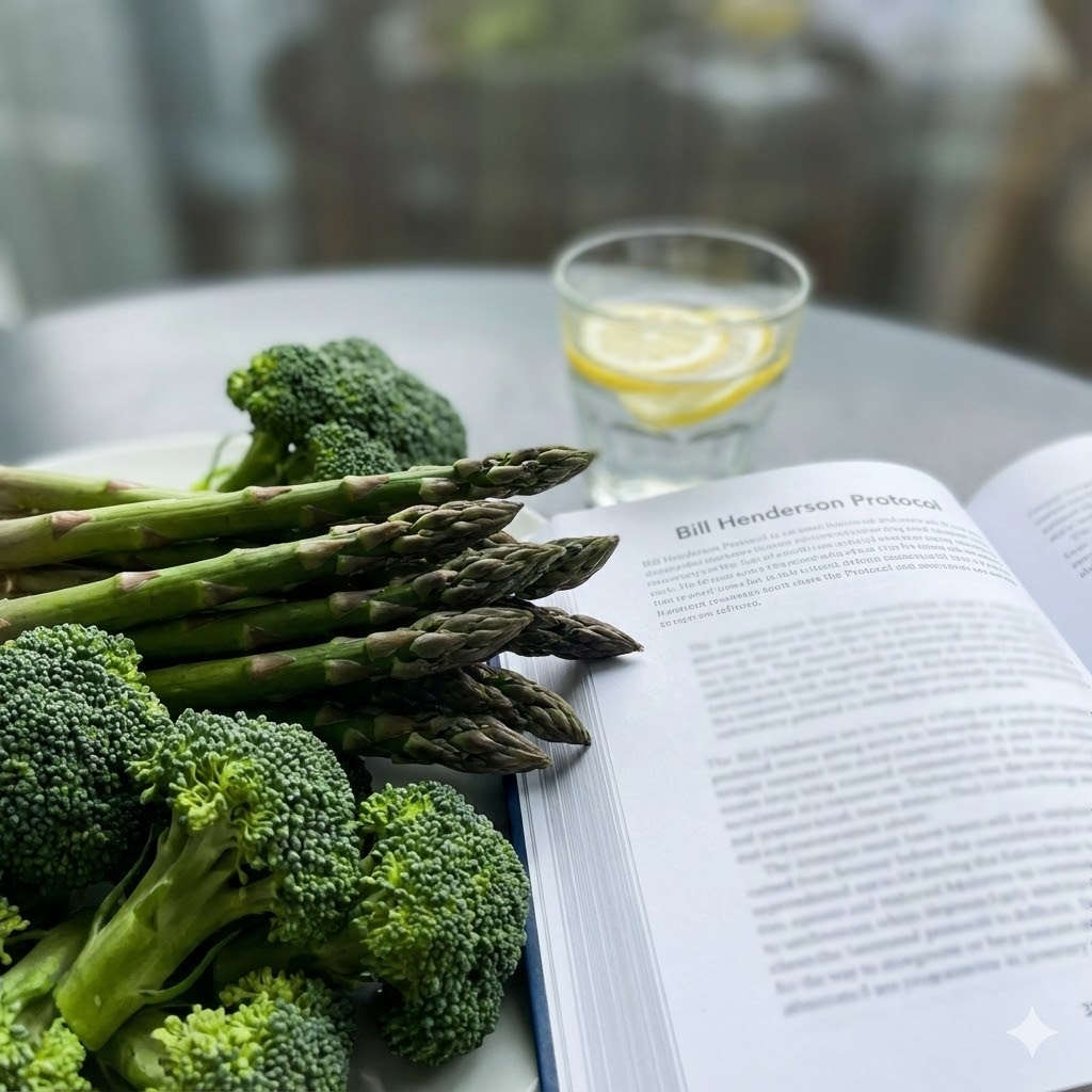 Bill Hendersons Protokol symboliseret ved en opslået bog, et glas med hvid væske, asparges og broccoli
