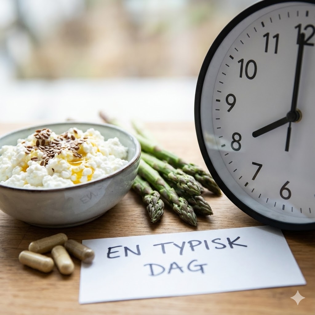 Bill Hendersons Protokol symboliseret ved en skål med hytteost, nogle kapsler, asparges og et vækkeur.