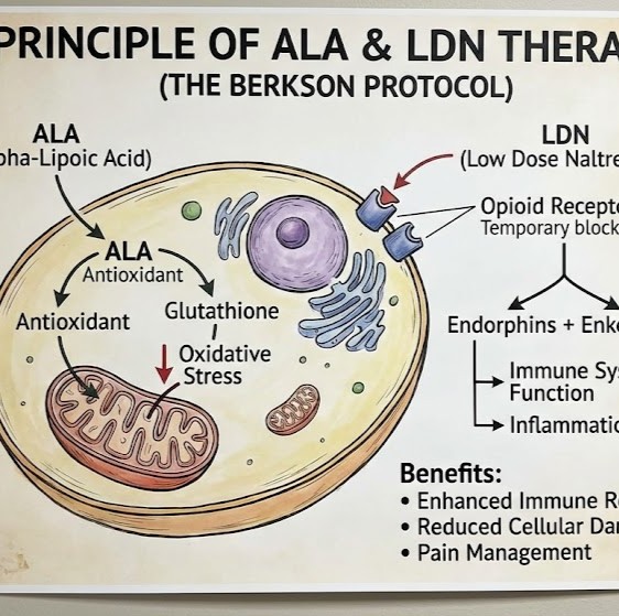 Burt Berkson Protokol symboliseret ved planche med tegning af virkemekanisme med celler og medicin.