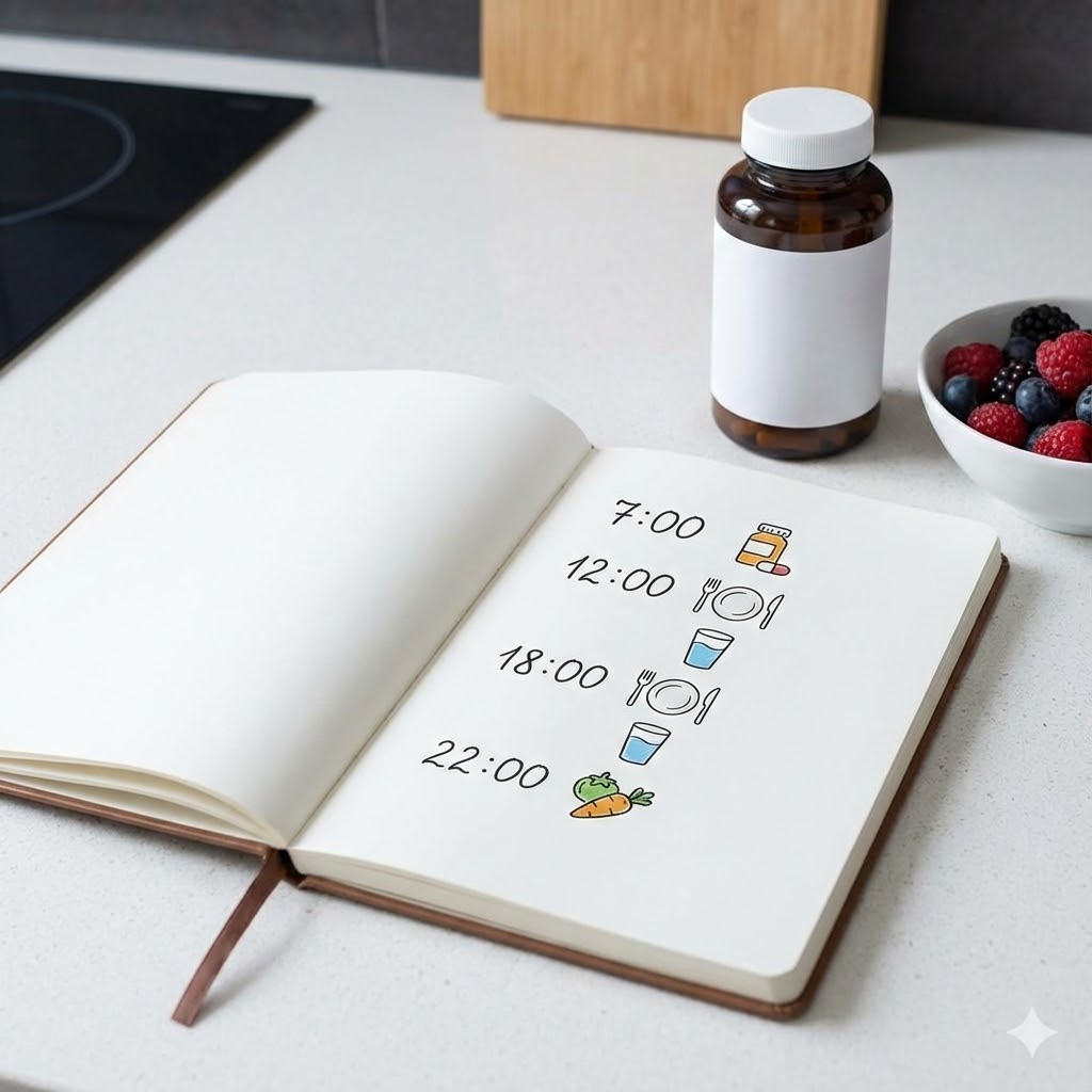 Burt Berkson Protokol symboliseret ved notesbog med protokol, en lille skål med bær og en pillebøtte.