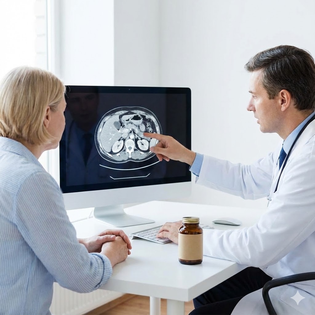 Burt Berkson Protokol symboliseret ved en læge og en patient der kigger på en skærm med scanningsbillede.