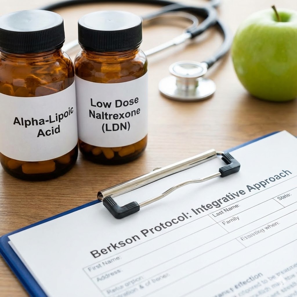 Burt Berkson Protokol symboliseret ved to pilleglas og en blok, samt et æble og et stetoskop.