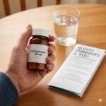 Essentiel Trombocytose symboliseret ved et pilleglas, et glas vand og en notesbog med en protokol.