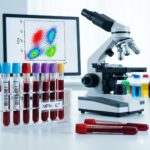 Essentiel Trombocytose symboliseret ved nogle blodprøveglas, et mikroskop, og en skærm i baggrunden.