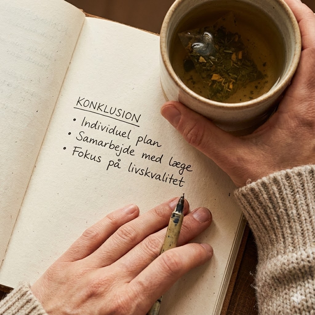 FLCCC-Protokol symboliseret ved en notesbog et sæt hænder og et krus te.