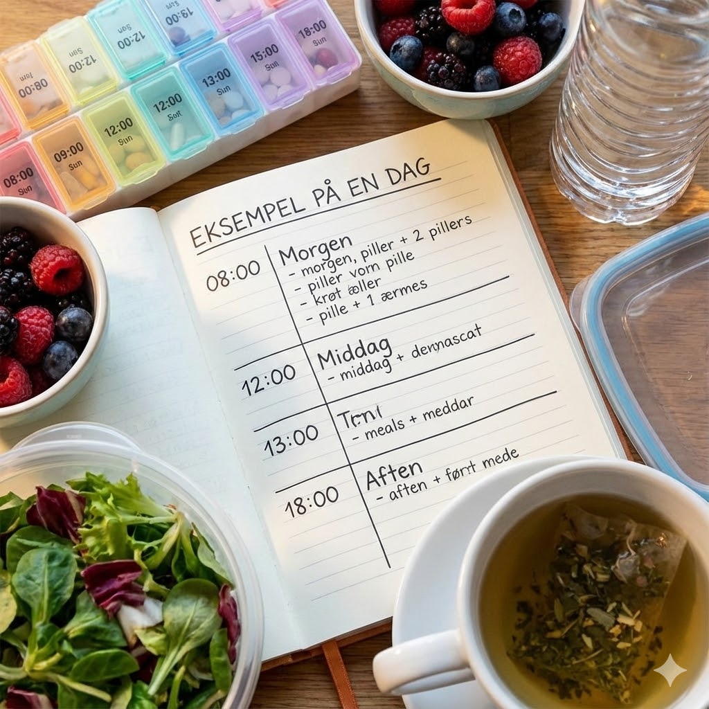 FLCCC-Protokol symboliseret ved en notesbog, en doseringsæske, nogle bægre med bær og en skål med grøn salat.