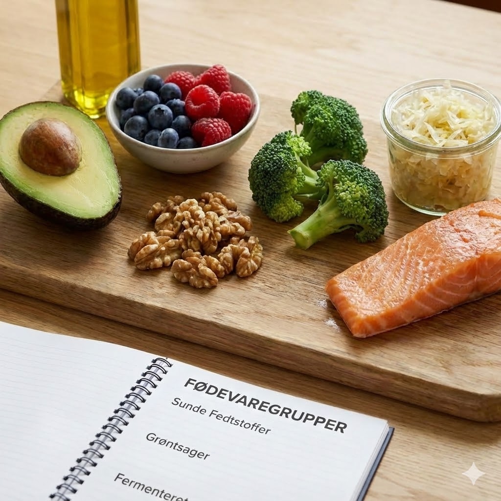FLCCC-Protokol symboliseret ved et spækbræt med avocado, bær, valnødder, broccoli, laks og en notesbog.