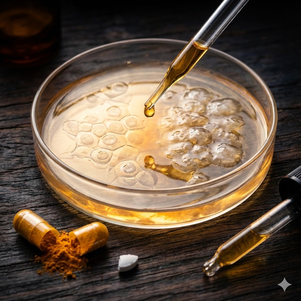 FLCCC-Protokol symboliseret ved en petriskål, hvor der dryppes væske på.