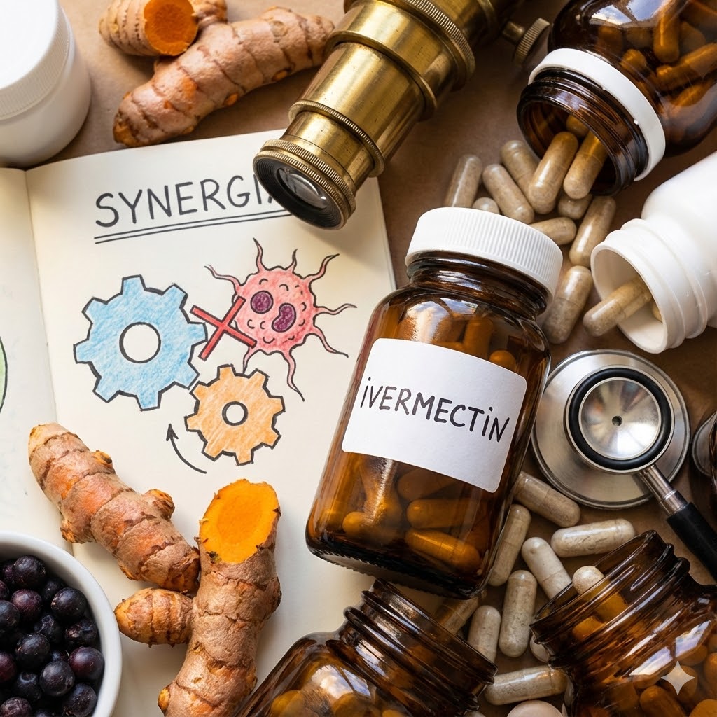 FLCCC-Protokol symboliseret ved nogle pilleglas, gurkemejerødder, stetoskop og en tegning af celler.