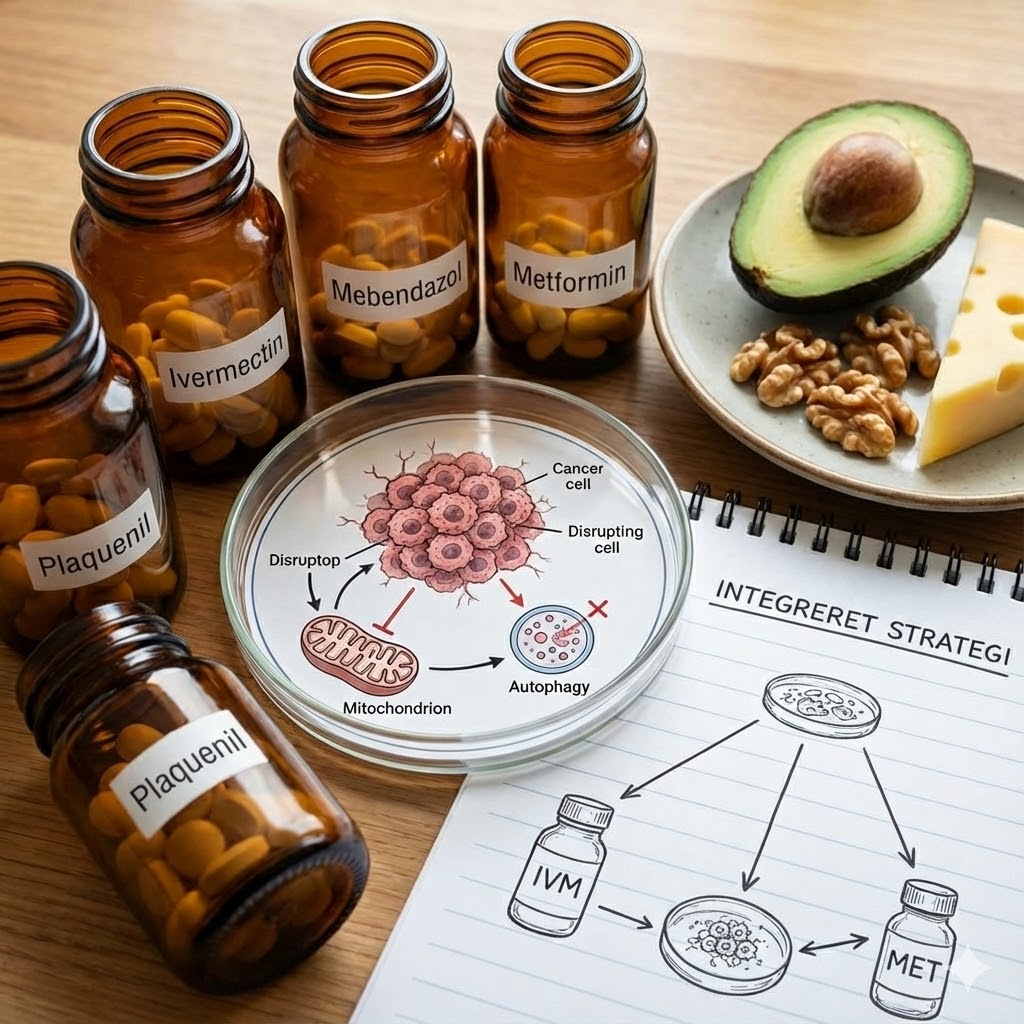 FLCCC-Protokol symboliseret ved 5 brune pilleglas med påskrift Ivermectin, Plaquenil Mebendazol mm. En petriskål, en notesblok med tegning og en tallerken med avocado, valnødder og ost.