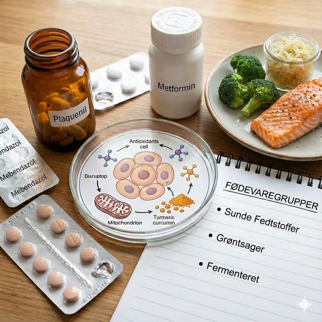 FLCCC-Protokol symboliseret ved pilleglas, blisterark med piller, petriskål med celletegning, notesblok med skitse af celler og en tallerken med laks, broccoli.