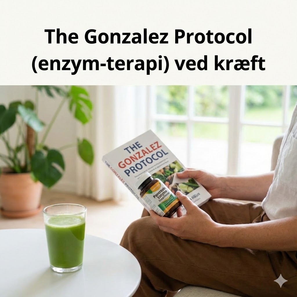The Gonzalez Protocol symboliseret ved kroppen af en kvinde der sidder med en bruchure om Gonzalez og med en pillebøtte og et glas grøntsagsjuice.