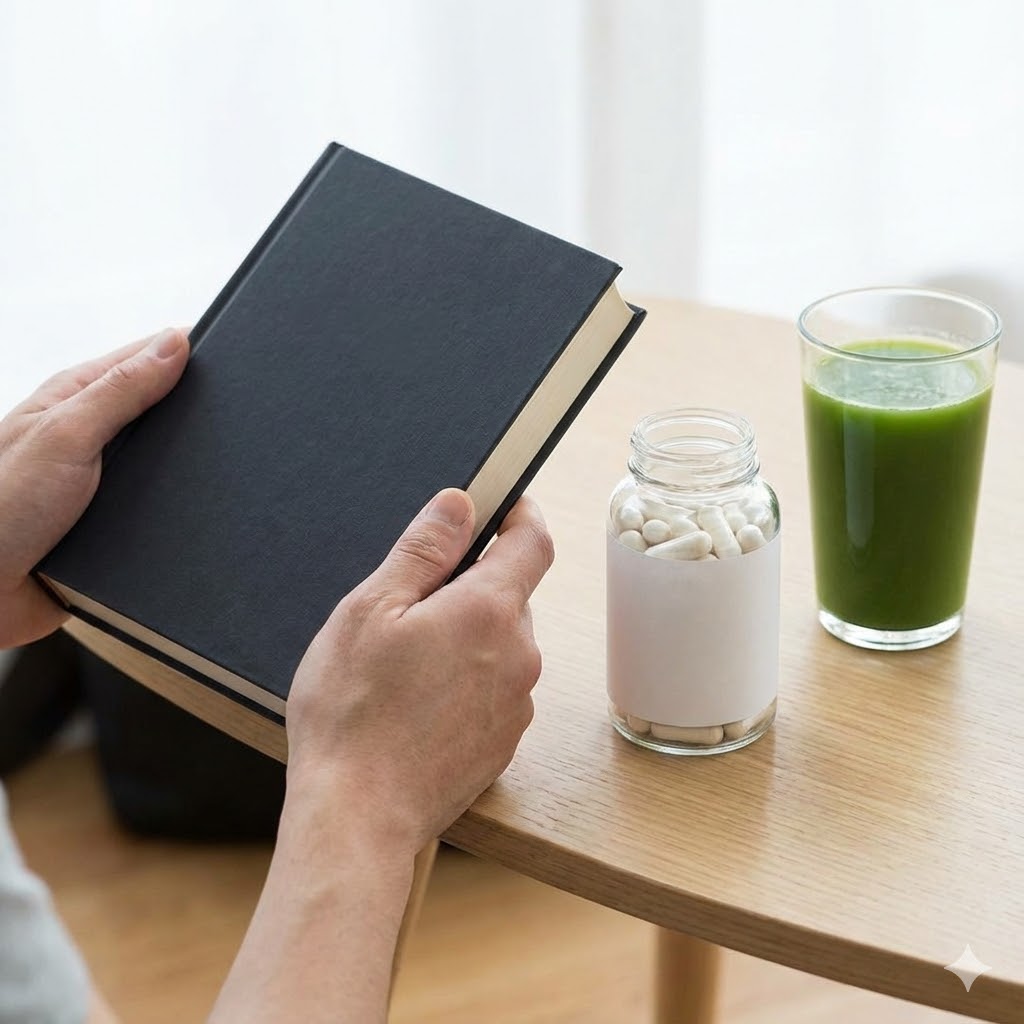 The Gonzalez Protocol symboliseret ved en sort notesbog og et glas hvid drik og grøntsagsjuice.