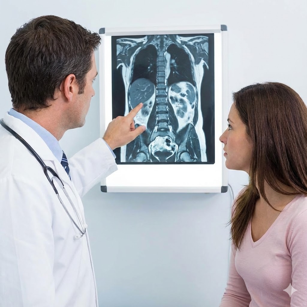 The Gonzalez Protocol symboliseret ved en mandlig læge og en kvindelig patient. Lægen peger på et røntgenbillede på væggen.