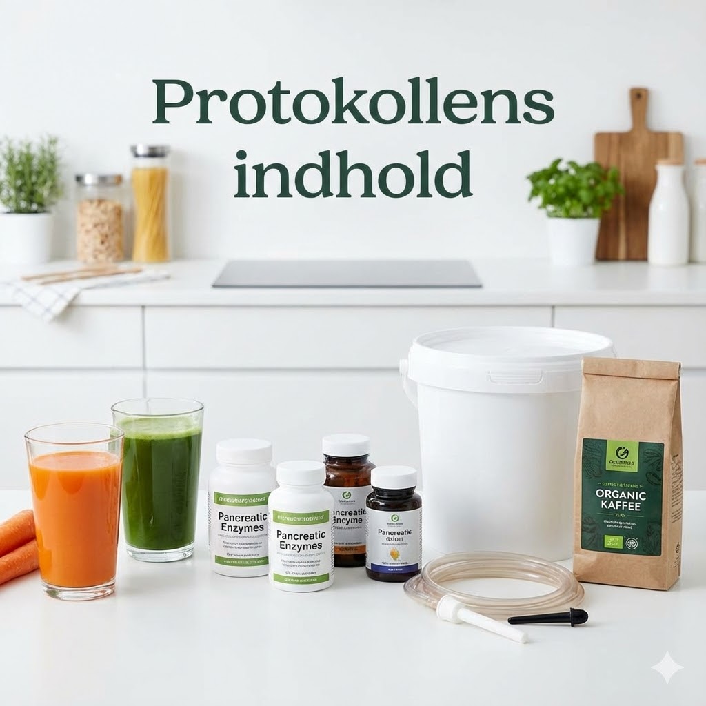 The Gonzalez Protocol symboliseret ved juicer i orange og grøn, pilleglas og pulver.