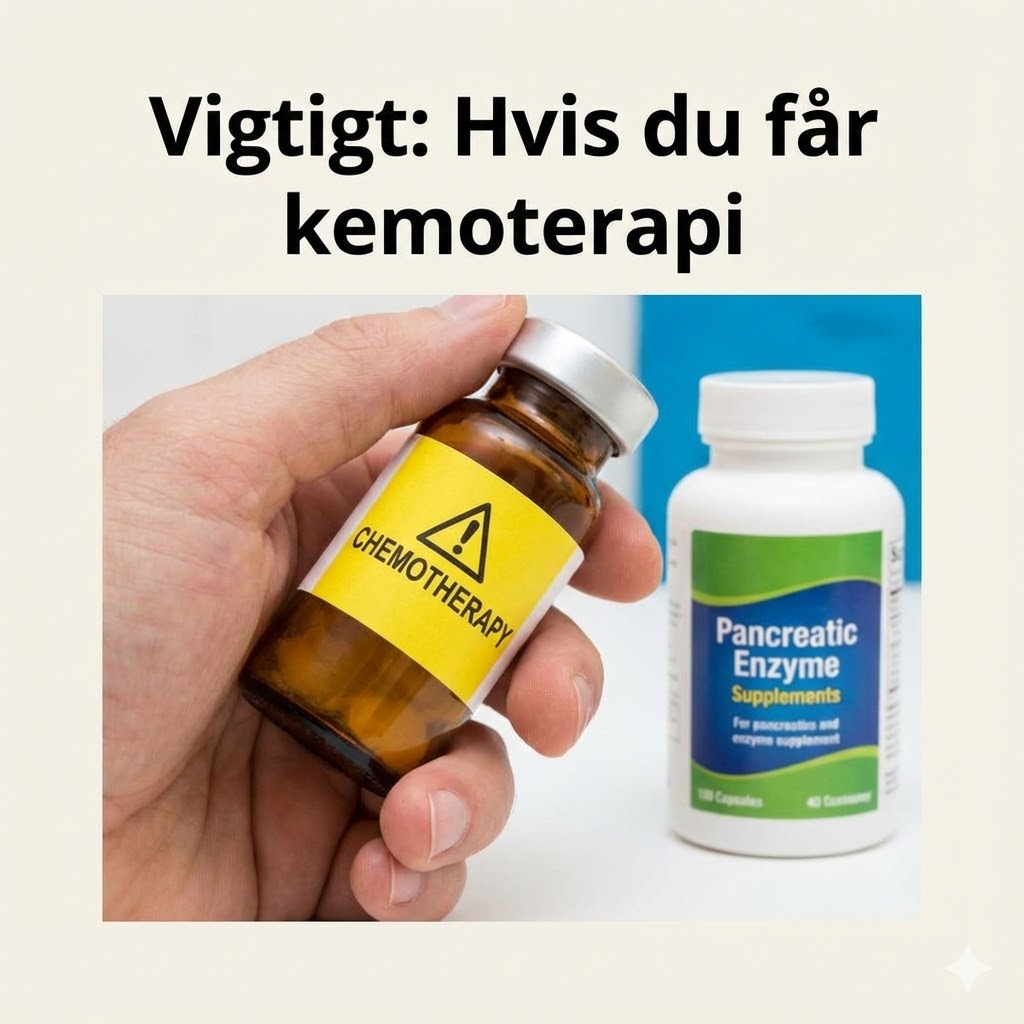 The Gonzalez Protocol symboliseret ved et brunt pilleglas med påskriften kemoterapi og et pilleglas i hvid plast med grøn etikette med enzymer.