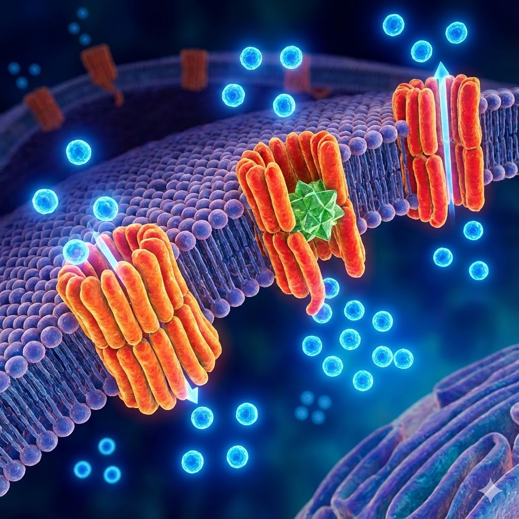 Ivermectin symboliseret ved en flade af lilla rørformede celler og nogle orange foran disse. Blå enheder trænger gennem de orange celler.