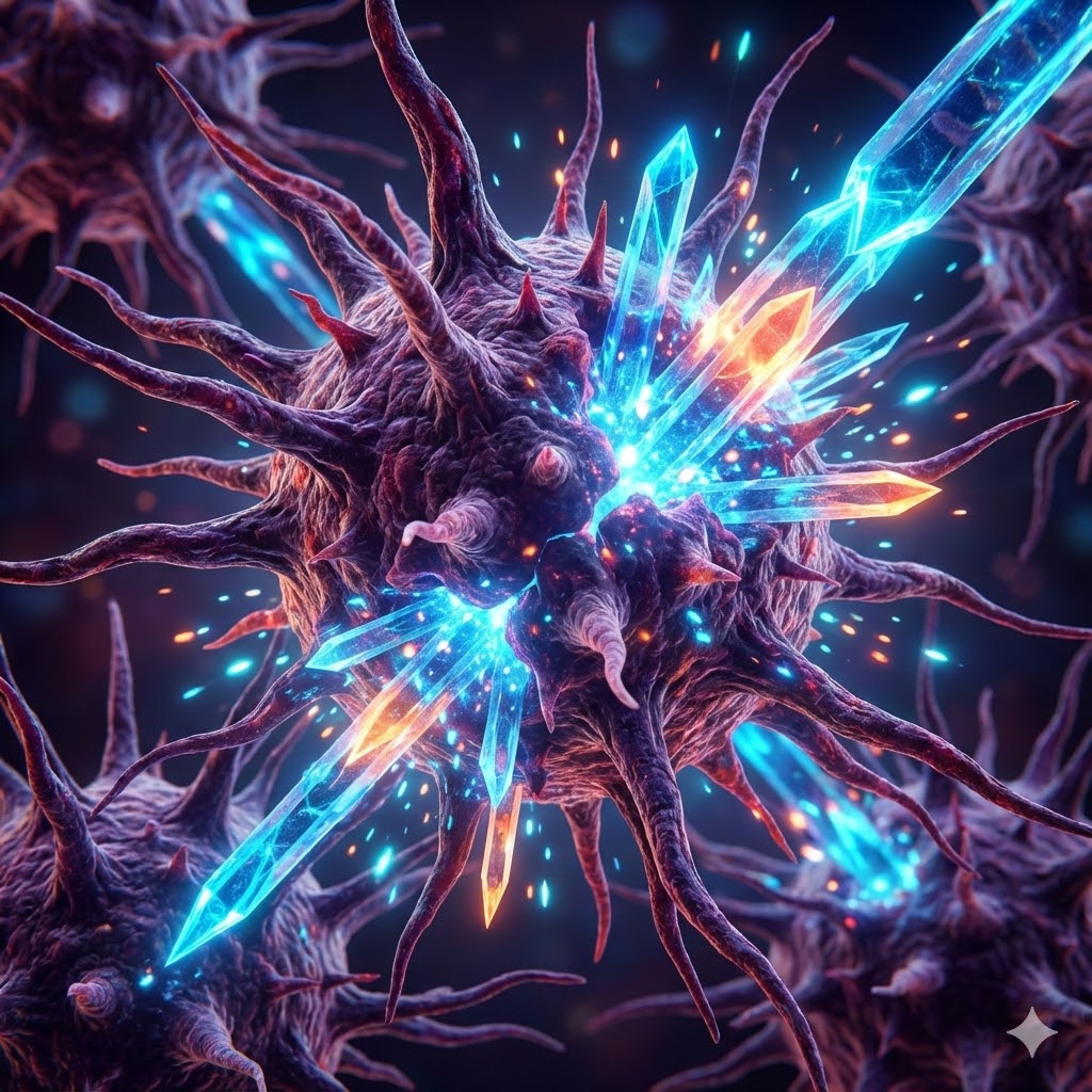 Ivermectin symboliseret ved nogle lysende linjer mod en lilla celle.