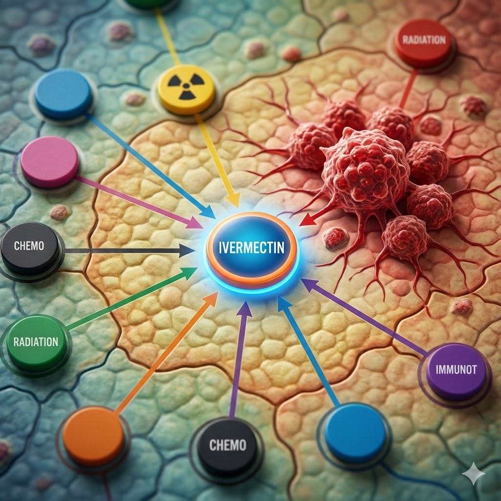 Ivermectin symboliseret ved nogle runde brikker, der har streger ind til en midtercelle. Nogle røde celler ligger ved siden af denne.