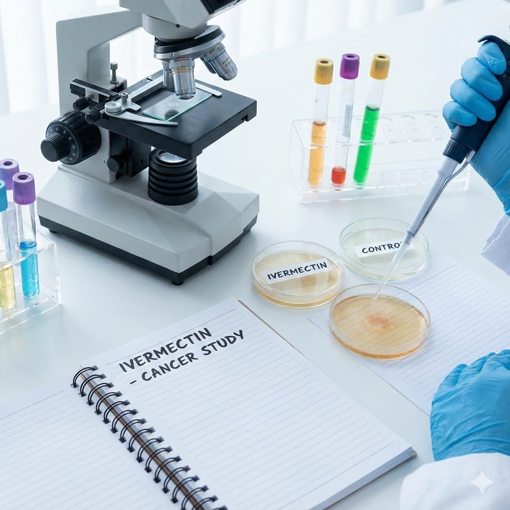 Ivermectin symboliseret ved et mikroskop, en blok med ivermectin skrevet øverst, nogle petriskåle, en behandsket hånd der drypper væske i skålene.
