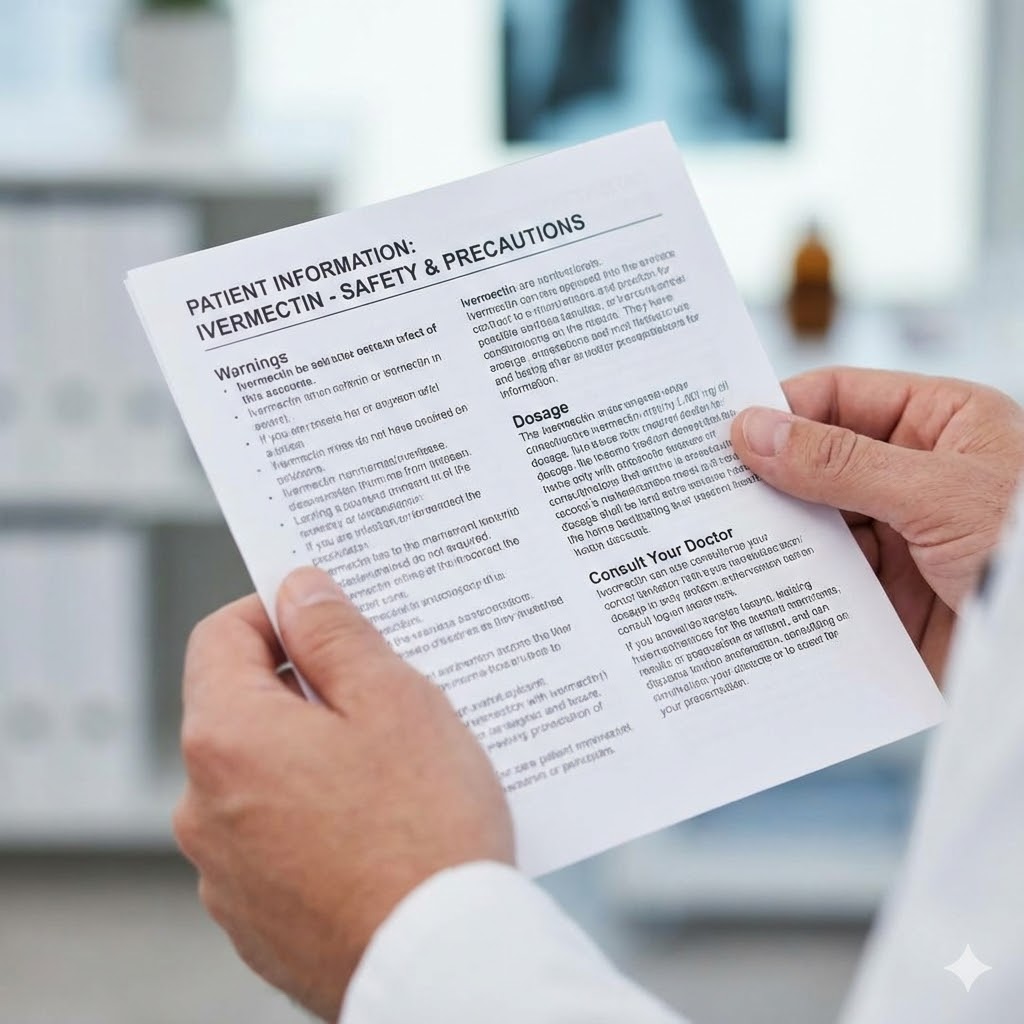 Ivermectin symboliseret ved et sæt hænder der holder en tekst frem.