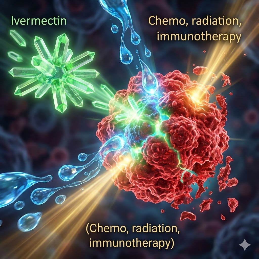 Ivermectin symboliseret ved forskellige farver og former der bombarderer en rød tumor i midten. Tekster i gylden farve. Blå baggrund.