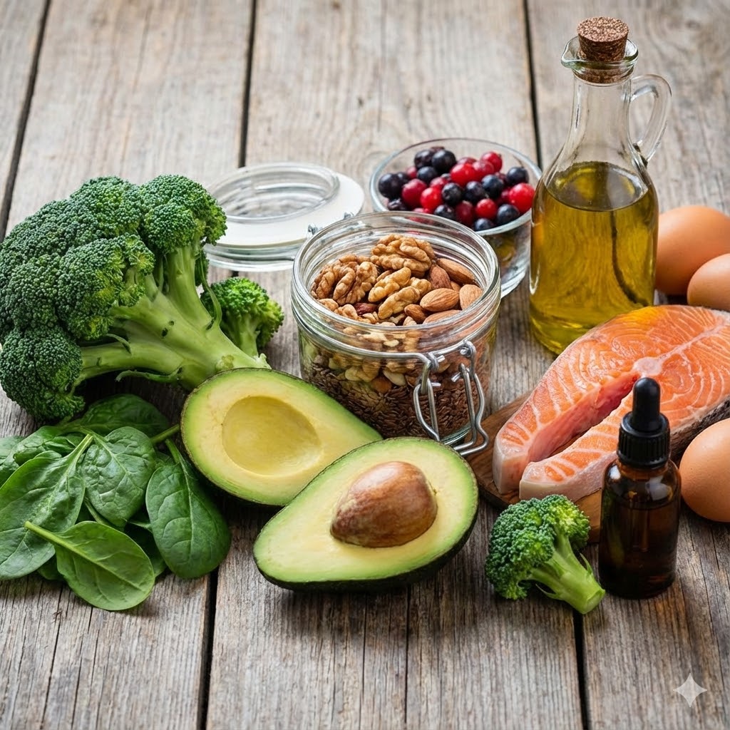 Joe Tippens Protokol symboliseret ved en gruppe fødevarer, avocado, laks, nødder, broccoli, olie i flaske og bær.